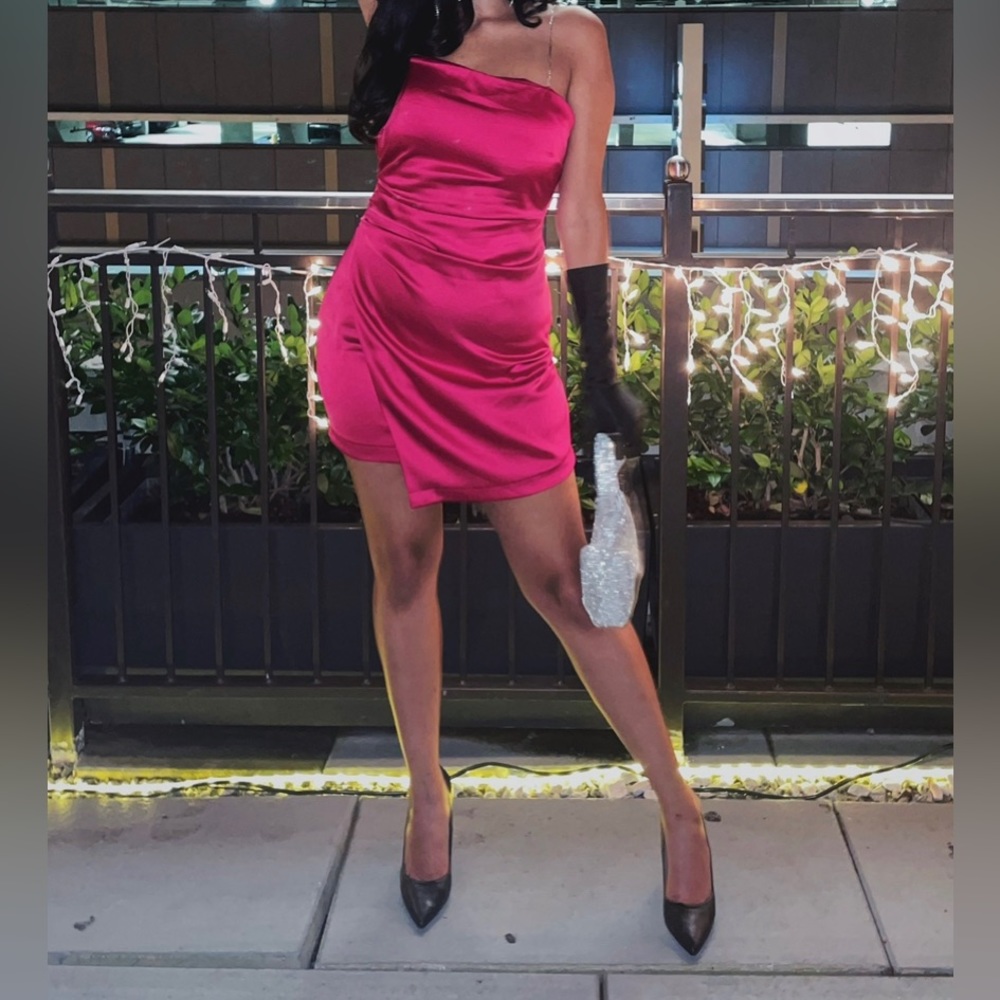 pink zara satin cinched mini dress with silver jewel straps. Perfect NYE dress